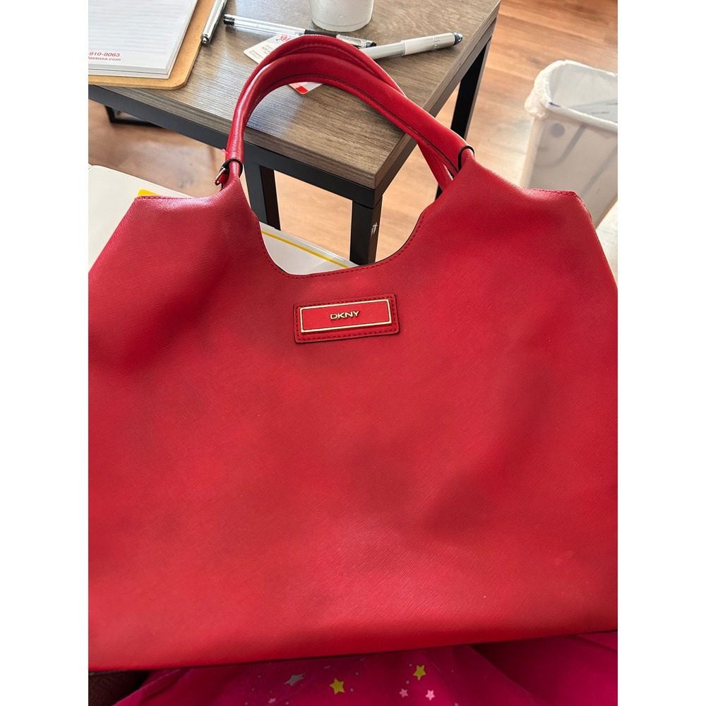 DKNY Red Saffiano Leather Tote Bag Womens Gold Hardware Expandable Zippers
